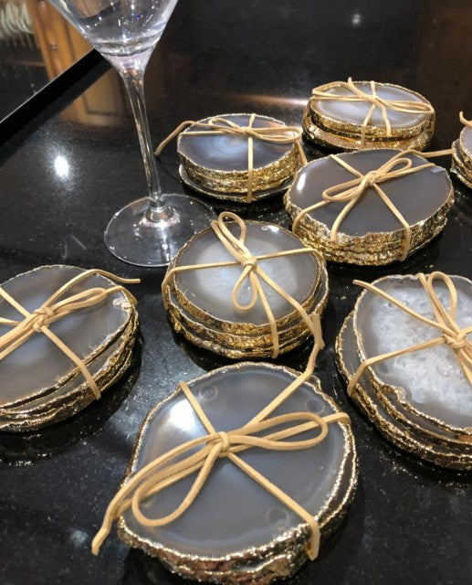 Grey Brazilian Agate 24ct Gold Edge, Gilded, Microcrystalline Quartz Premium Coasters (Set of 4)