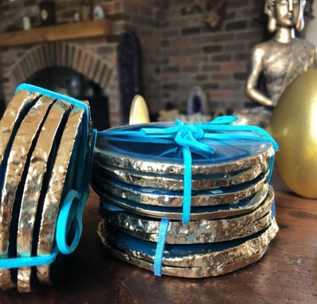 Teal Ocean Blue Brazilian Agate 24ct Gold Edge, Gilded, Microcrystalline Quartz Premium Coasters (Set of 4)