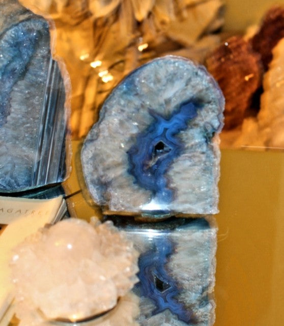 Stor medium blÅ Agat Geode Krystallampe, 12 - 13 cm, inkl. trebare m/ledlys og remote control