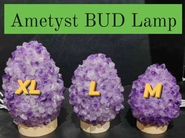 Unik, håndlaget Rå Ametyst BUD Crystal Led Lamp m/trebase og usb, ca. 13x10cm - 500gram, Medium Size, vario lys ( Hvit, Purple, Green, Blue )