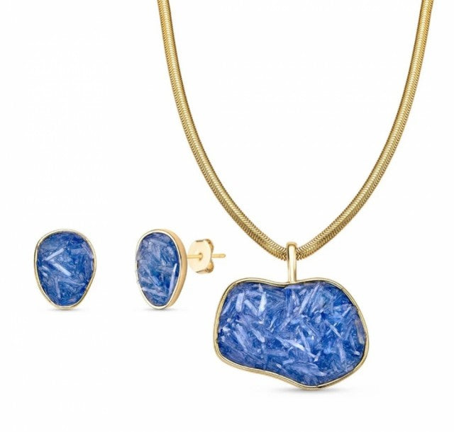 New 2025 Brazil Gem Kyanite Freeform Necklace & Earring Set 18K Gold Plated