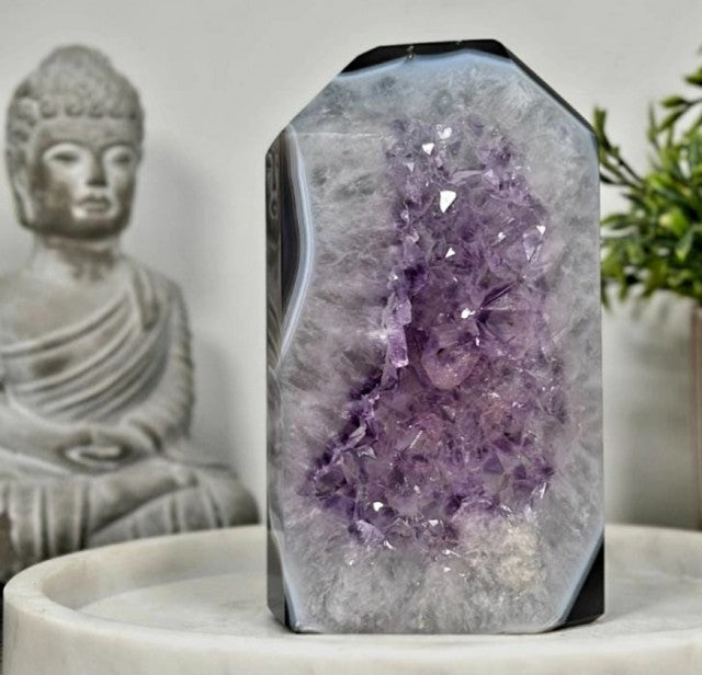 Natural Uruguay Amethyst & Blue banded Agate Stone Tower AAA+ Quality Geode, 19x9.5cm, STP0153