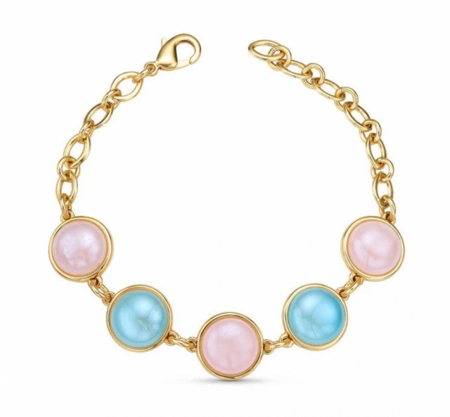 New 2025 Brazil Gem Friendship 18K Gold Plated Rose Quartz + Sky Blue Agate (Pearlized) Bracelet