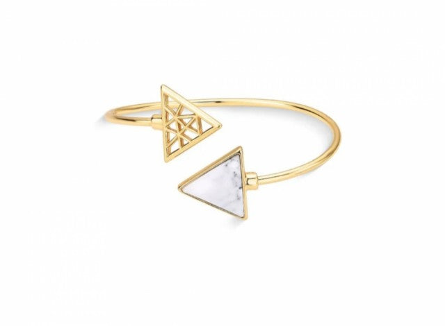 New 2025 Brazil Gem White Howlite Triangles 18k Gold Plated Cuff Bracelet w/ Natural Gemstones