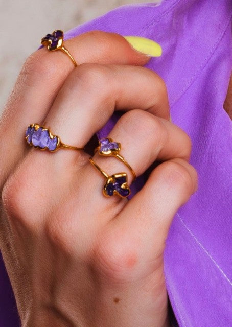 Ny, hÅndlaget rustik Art Deco Triple Stone Flower 3 - 6mm Ametyst 24k Gold plated Ring