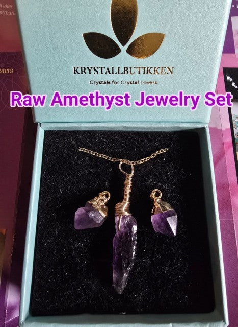 Kampanje Rå Quartz - Uruguay Ametyst Goldplated Smykkesett ( Kjede + Øredobber )