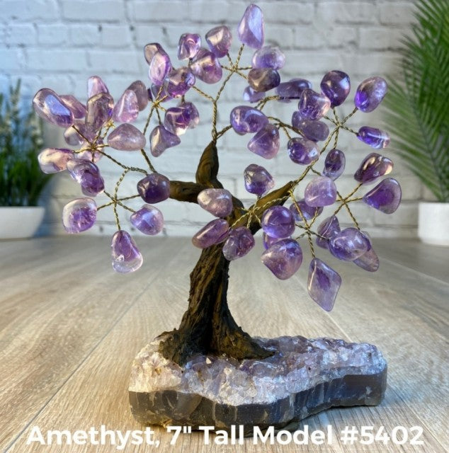 Vakre og eksklusive Feng Shui - Bonsai Lykketrær m/ ekte krystaller og Ametyst Clusterfot, ca. 17cm høy, Ametyst