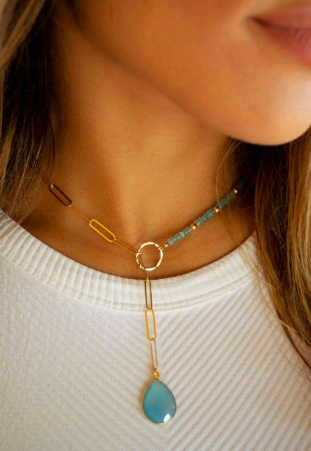 Natural Gemstone Aqua Chalsedony Teardrop Shape Lariat Necklace, Gold Plated