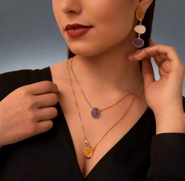 New Brazil Gem Design 2025 / Layered Pendants w/ Natural Pink Rhodonite + Selenite Gemstone 18K Gold Plated Necklace