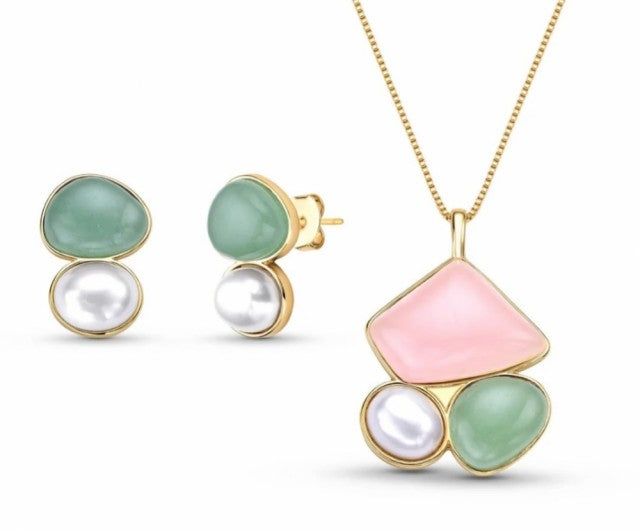 New 2025 Brazil Gem - 3 Stone Rose Quartz + Green Quartz + White Shell Pearl Pearl 18K Gold Plated Necklace & Earring Se