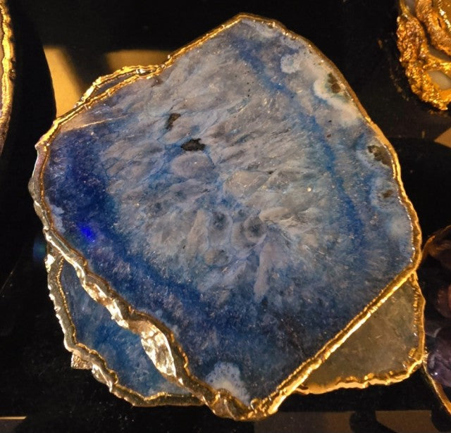 KAMPANJE / Supervakre og tykke 10mm Blue Aqua Agate Coaster Sett, Gold Electroplated ( 4 stk. )