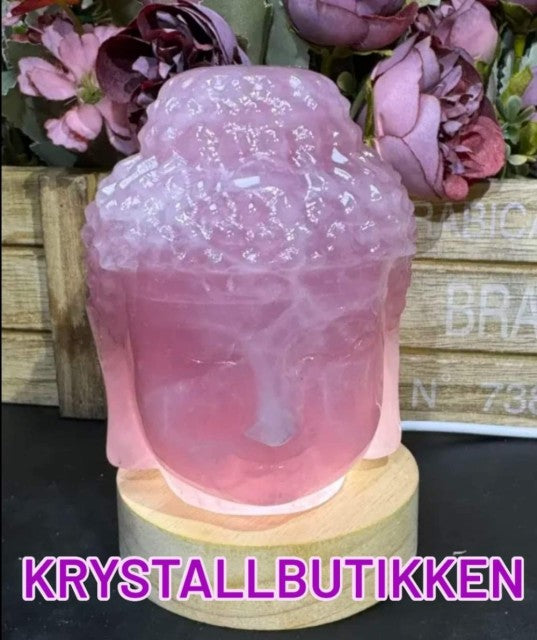 KAMPANJE / HANDCARVED ROSE QUARTZ BUDDHA HEAD, ca. 12cm - +1Kg inkl. Led Lysbase m/usb