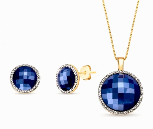 New 2025 Brazil Gem Sodalite Quartz Faceted & Pearlized 18K Gold Plated Necklace & Earring Set