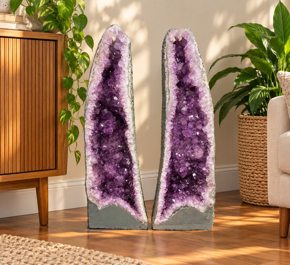 Amethyst Crystal Geode PAIR 1196 & 1197 Premium Queen Grade 17kg each – 36kg in total H65xW21xD15cm