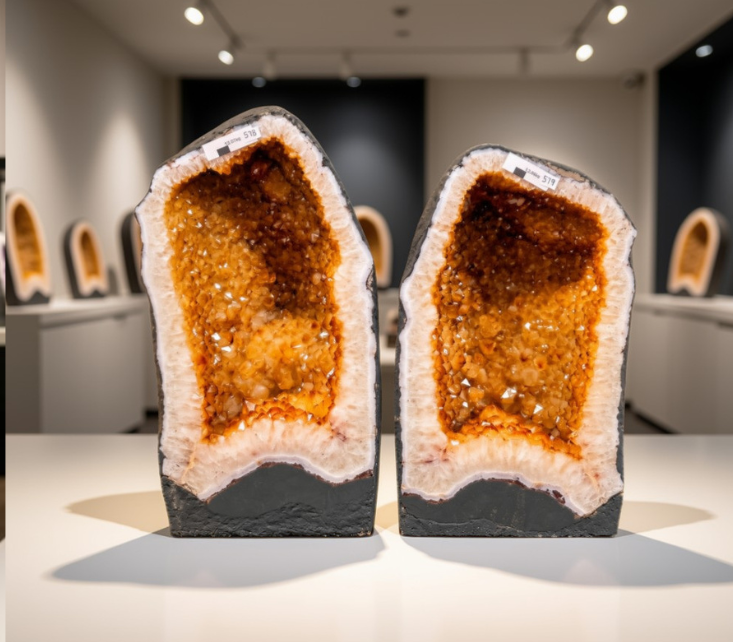 Citrine Geode PAIR 578 & 579 Crystal Cluster Druzy Premium Grade 13kg each H36xW19xD12cm