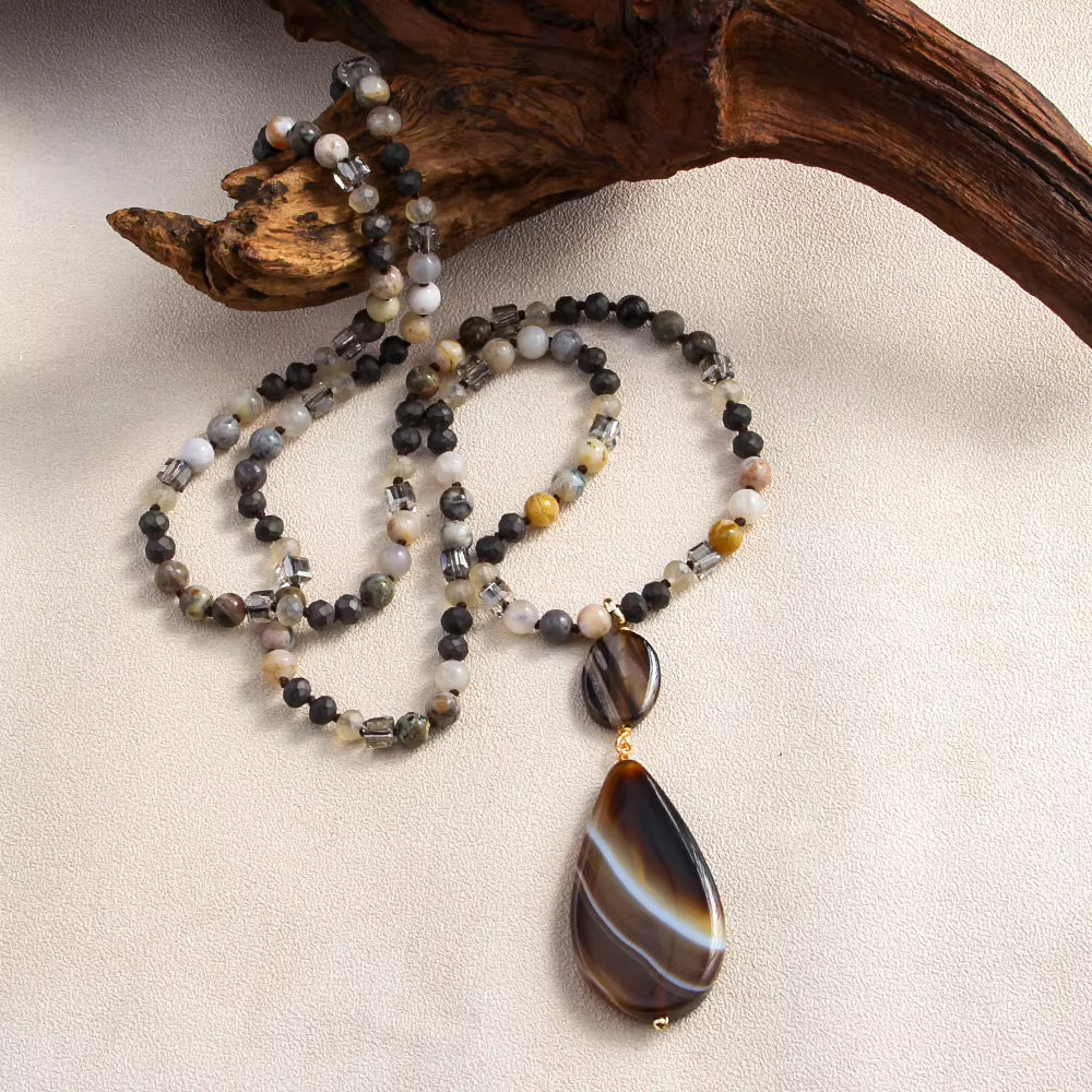 NEW LONG BOHEMIAN BROWN AGATE MALAKJEDE ( 80cm ) w/ Oval Pendant