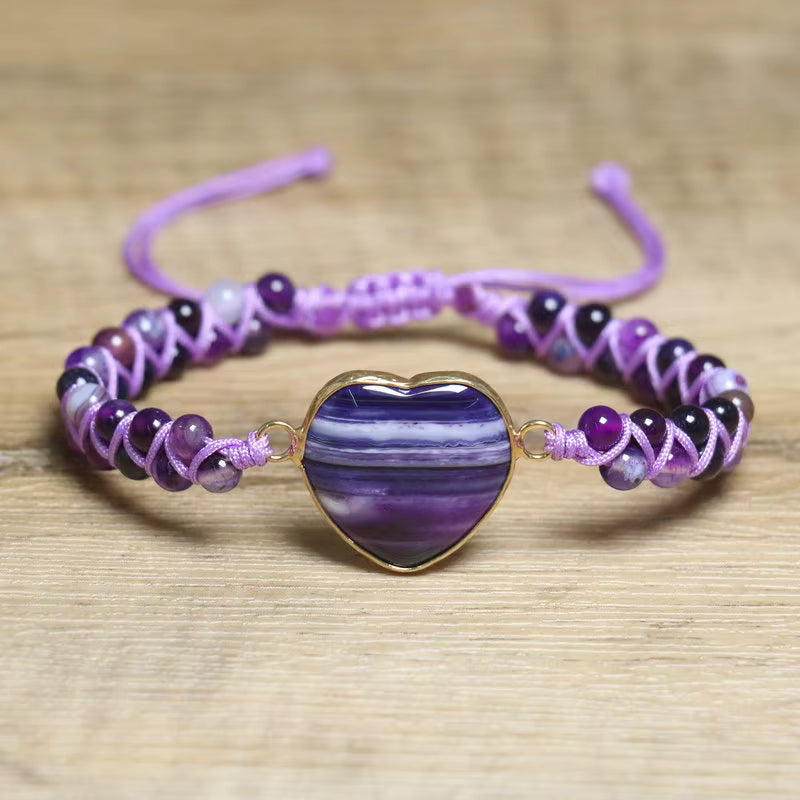 Enkle og vakre Chambhala 2 rader armbånd m/ Hjerteformet Ametyst sten og små tilsvarende stener ( justerbart )