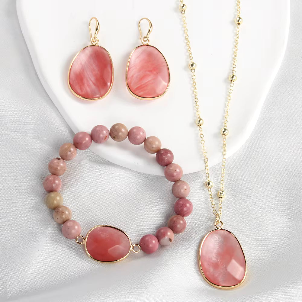 Nye Design Smykkesett ( Kjede, armbÅnd, øredobber ), Pink Agate