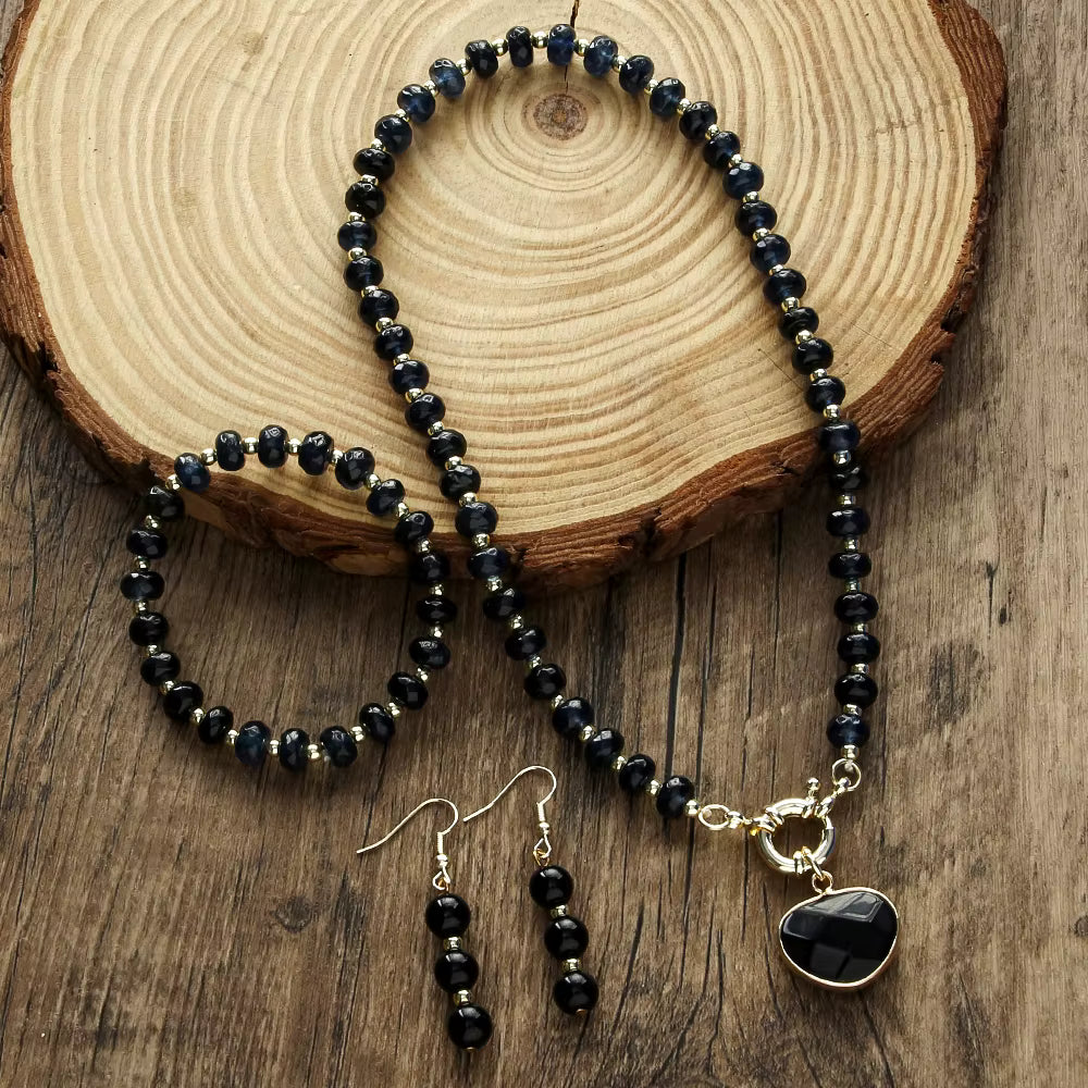 Beautiful FashionBohemian Jewelry Natural Stone Necklace, Bracelet, Earrings Set, Black Onyx