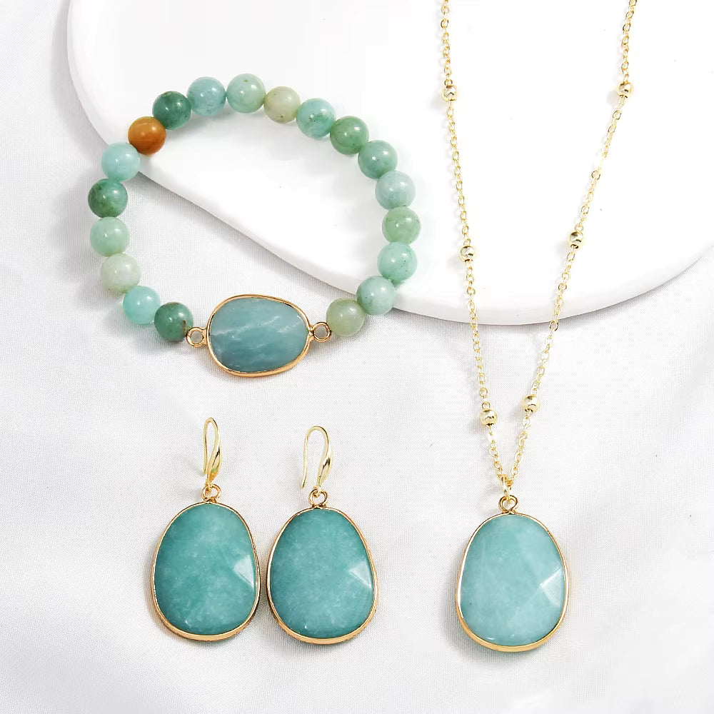 Nye Design Smykkesett ( Kjede, armbÅnd, øredobber ), Amazonite
