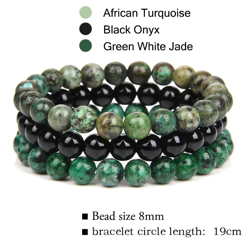 Natural Stone 3 Pack 8mm Armbånd, Black Onyx, African Turquiose, Green White Jade