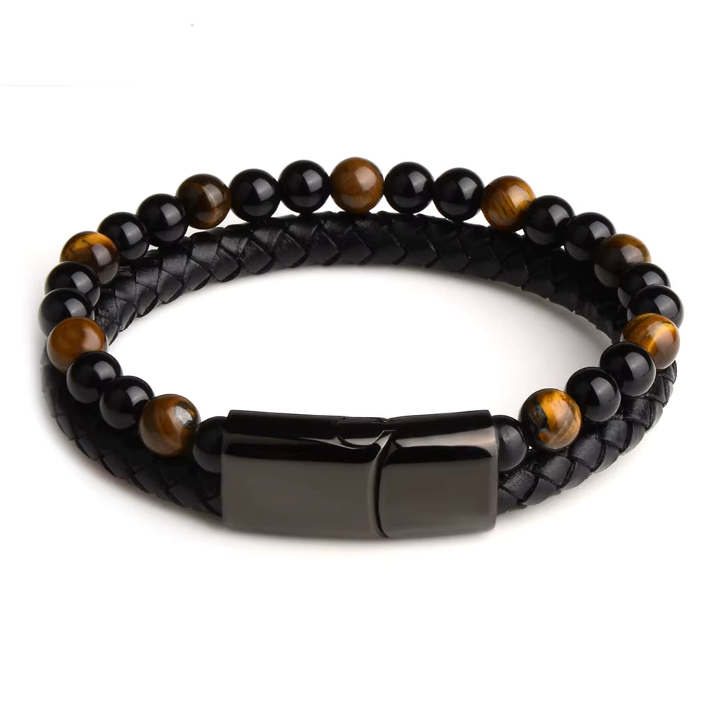 Nye, tøffe naturlige Tigerøye/ Sort Obsidian armbånd med skinn og magnetlås ( stainless steel )