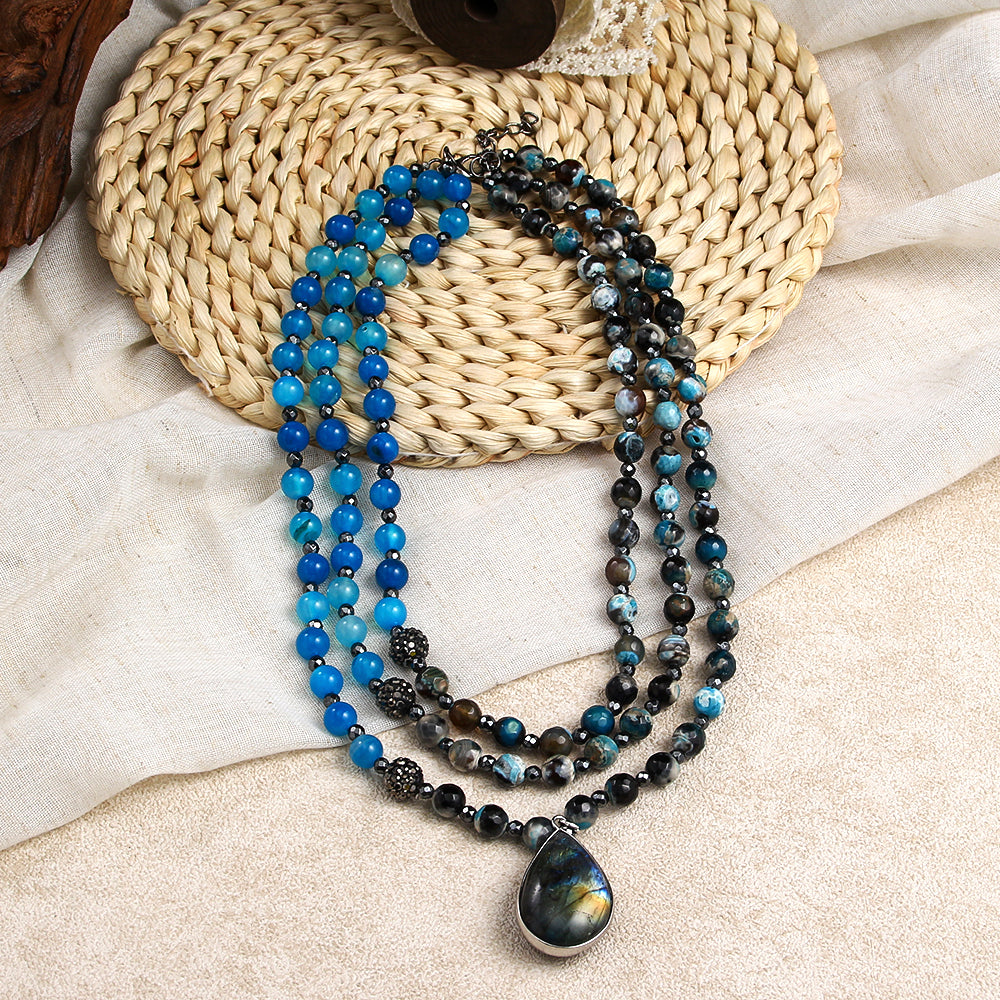 Retro Gothic Triple Natural Stone Necklace w/ Hematite, Moonstone Labradorite Pendant, 45 - 55cm