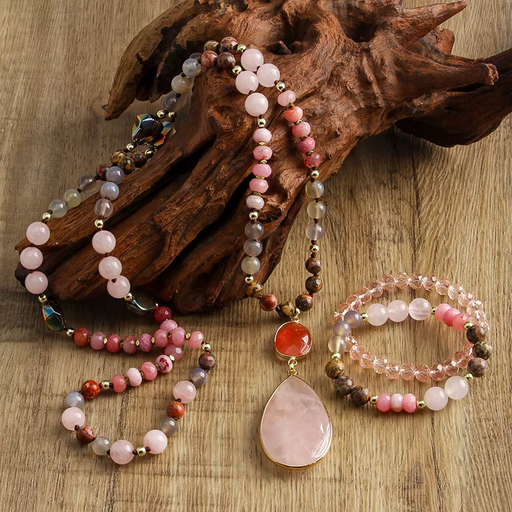 Nye Bohemian Rose Quartz Design Smykkesett, Single Row Langt MALA Kjede og Dual Flexible armbånd, 80cm
