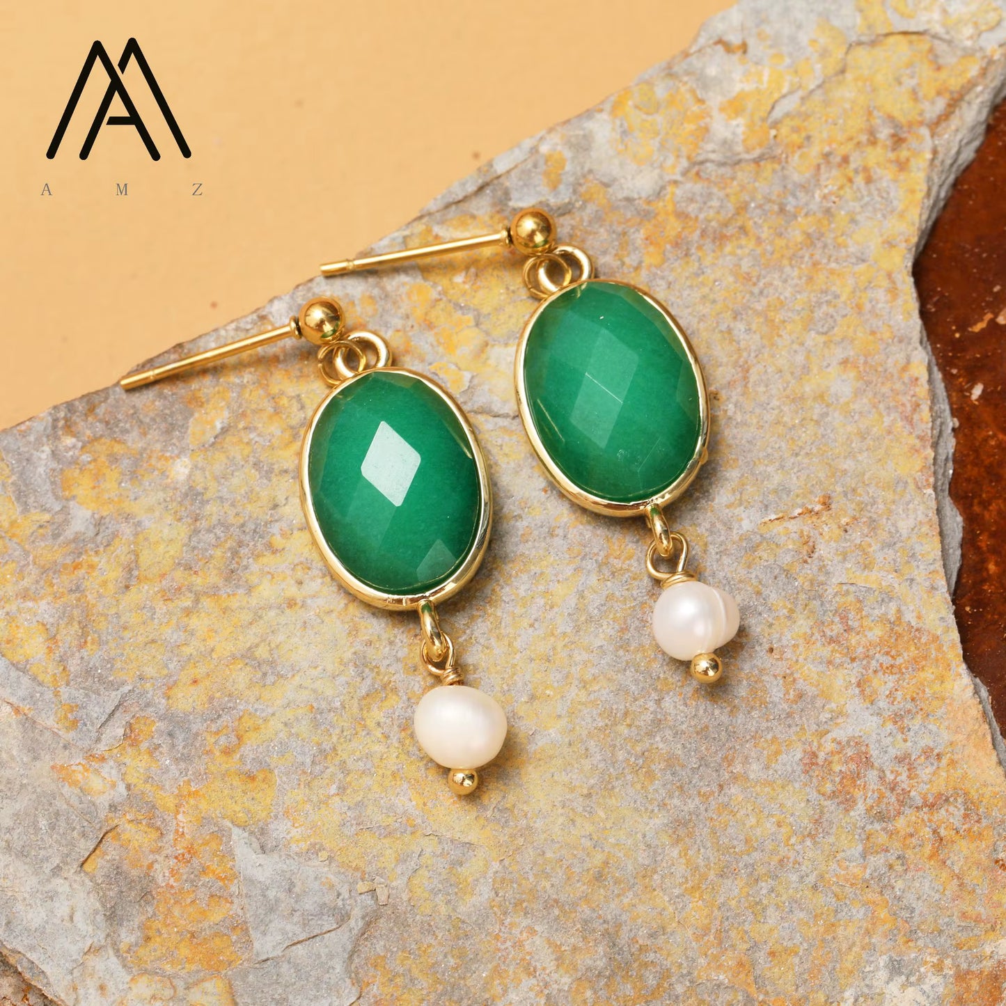 Nye Classic Oval Drop Earring Design, Gold Electroplated, Green JADE & Pearl