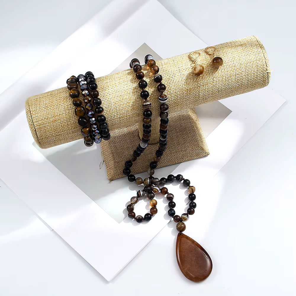 NEW LONG BOHEMIAN AGATE MALAKJEDE, ARMBÅND + ØREDOBBER ( 80cm ) w/Flower, Brown