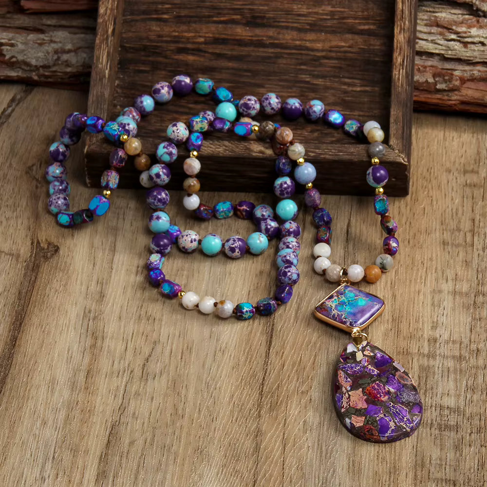 NEW LONG BOHEMIAN JASPER PURPLE EMPEROR MALAKJEDE ( 80cm ) w/ Oval Pendant