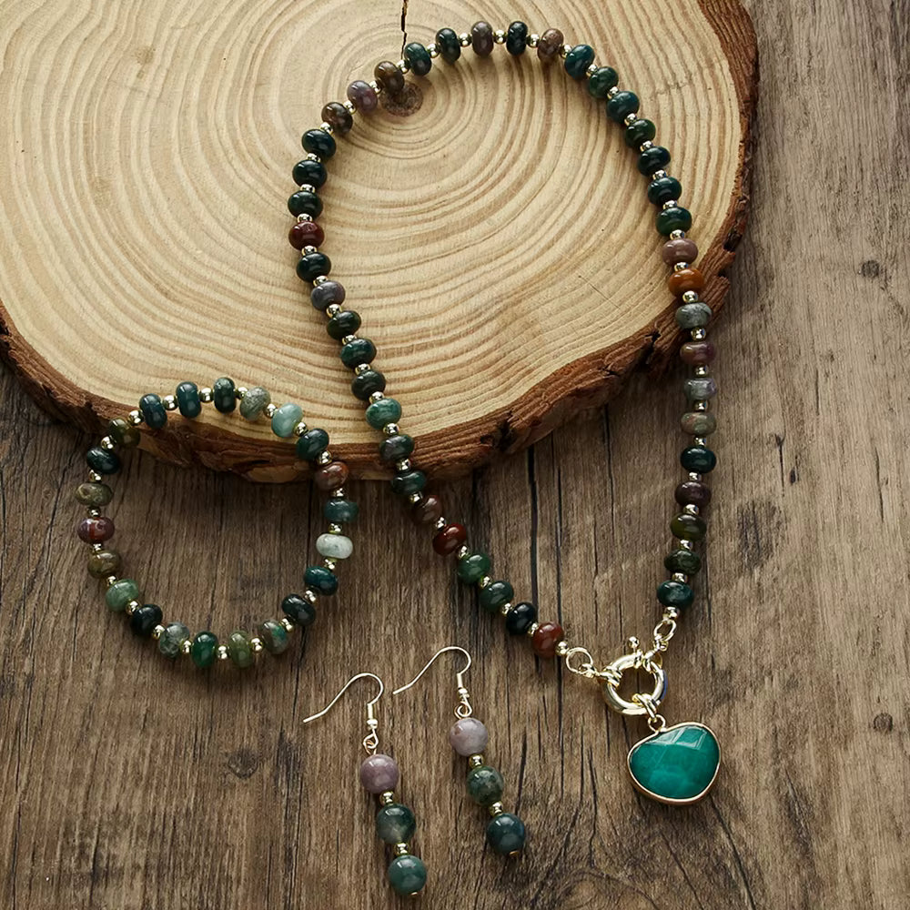 Beautiful Fashion Bohemian Jewelry Natural Stone Necklace, Bracelet, Earrings Set, Green Quartz - Green Agat Heart