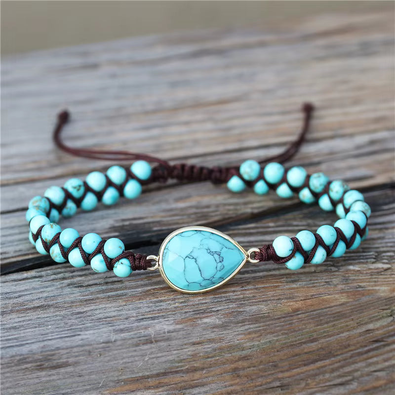 Enkle og vakre Chambhala 2 rader armbånd m/ Ovalformet Turquoise sten og små tilsvarende agat stener ( justerbart )