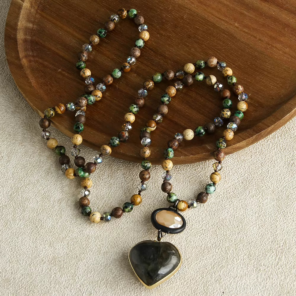 NEW LONG BOHEMIAN MALAKJEDE ( 80cm ) w/Labradorite Heart, Brown Jasper