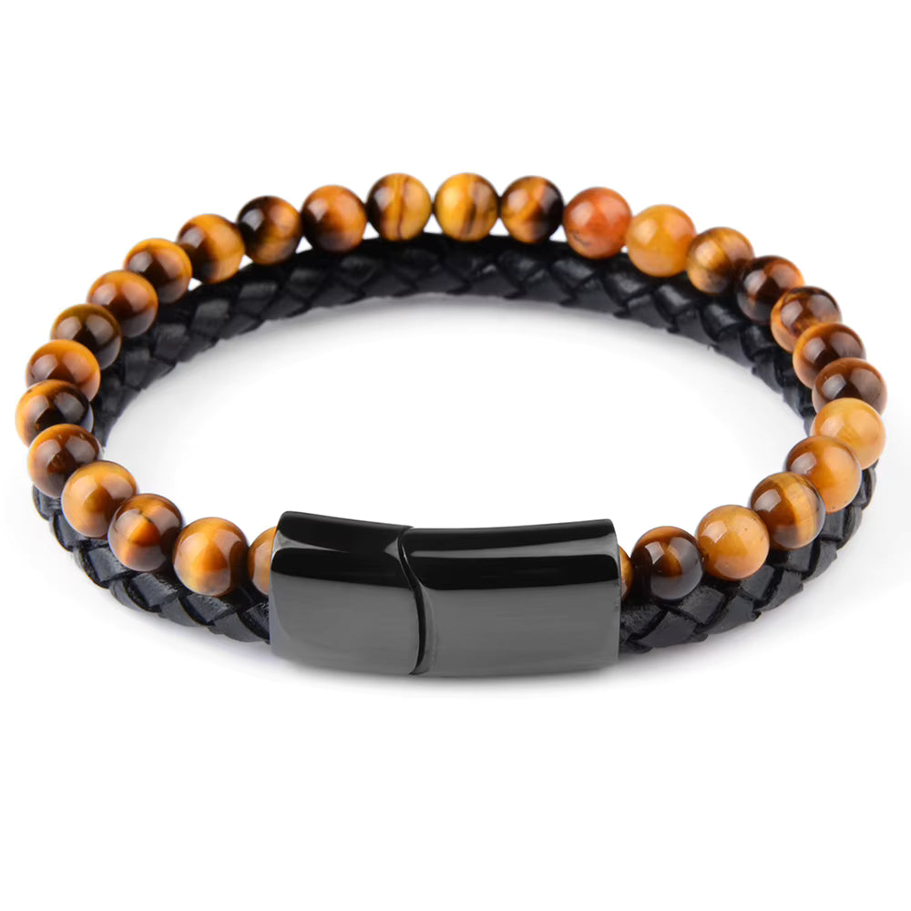Nyhet ! Nye, tøffe naturlige Tigerøye/ Sort Obsidian armbånd med skinn og magnetlås ( Stainless Steel ), 4 design