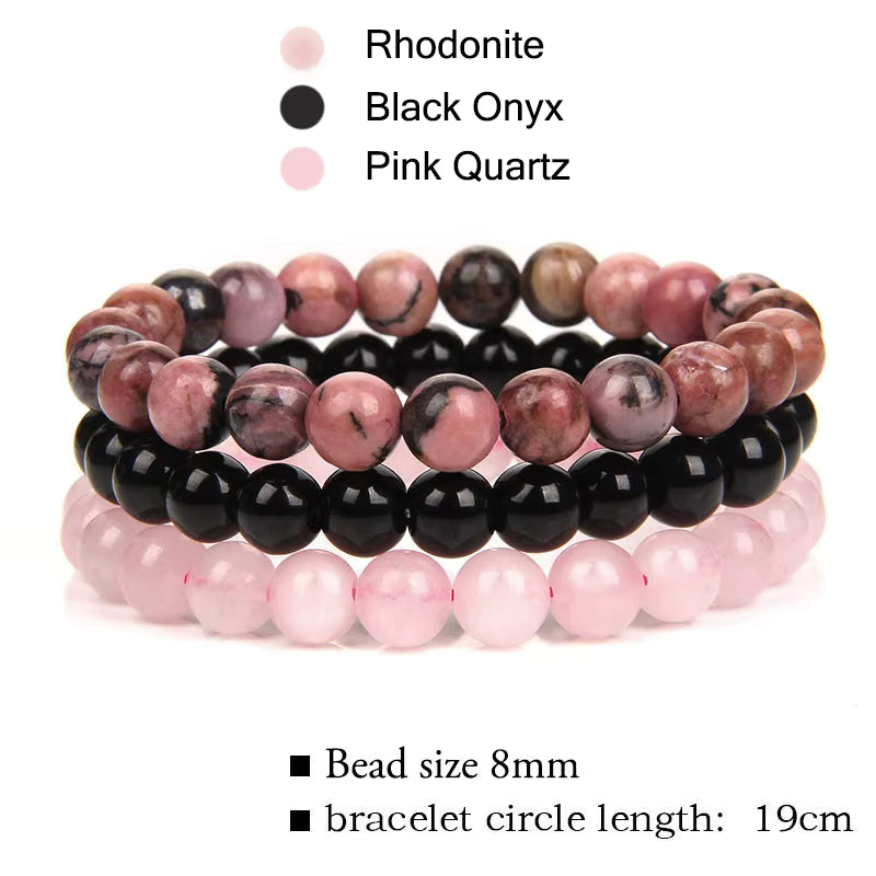 Natural Stone 3 Pack 8mm Armbånd, Black Onyx, Rhodonite, Rose Quartz