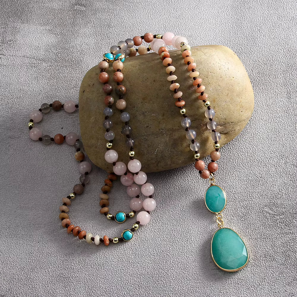 NEW LONG BOHEMIAN AMAZONITE MALAKJEDE ( 80cm ) w/ Oval Pendant
