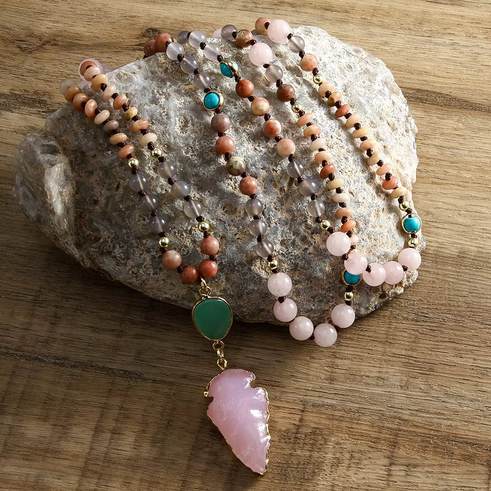 NEW LONG BOHEMIAN ROSE QUARTZ MALAKJEDE ( 80cm ) w/ Arrowhead Pendant