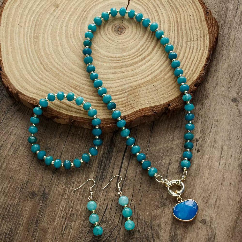 Beautiful Fashion Bohemian Jewelry Natural Stone Necklace, Bracelet, Earrings Set, Green Quartz - Blue Agat Heart
