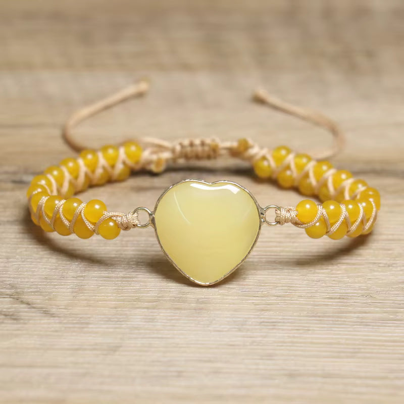 Enkle og vakre Chambhala 2 rader armbÅnd m/ Hjerteformet Yellow JADE sten og smÅ tilsvarende stener ( justerbart )