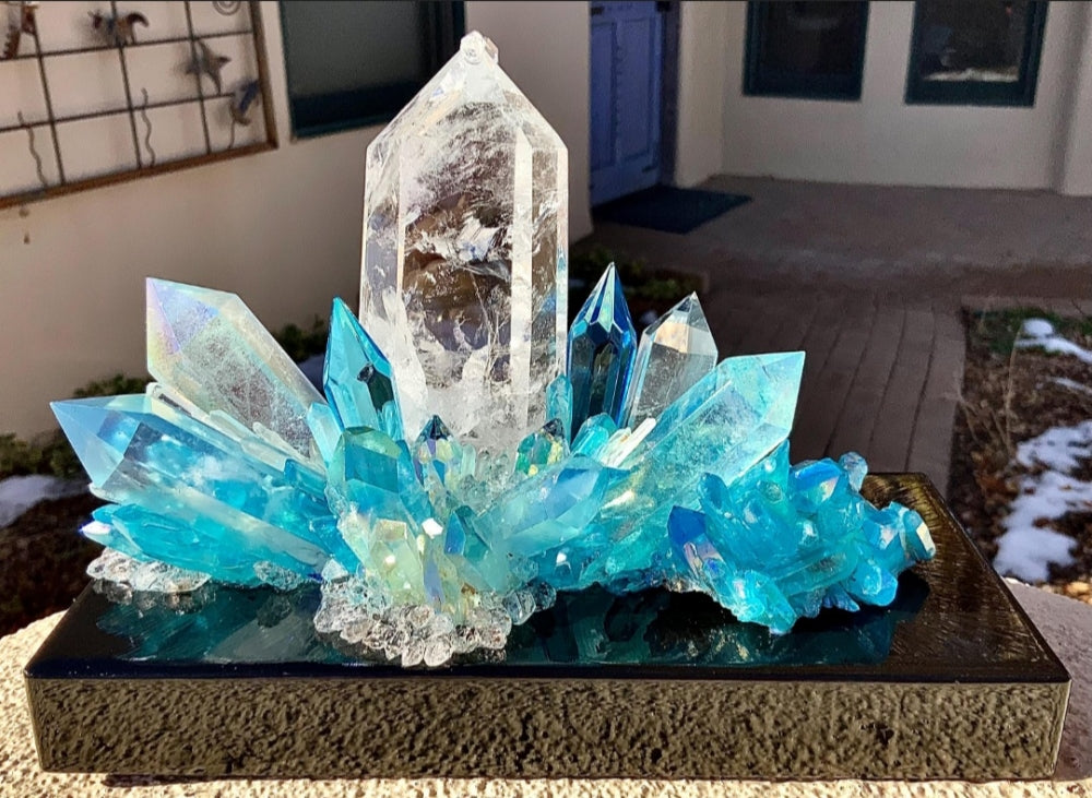 Fantastisk hÅndlaget CLEAR QUARTZ CRYSTAL Lysdekorasjon m/Blue Aura Quartz , “ STAR LIGHT, STAR BRIGHT…FIRST STAR "