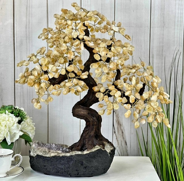 Vakre og eksklusive Feng Shui - Bonsai Lykketrær m/ ekte Citrin krystaller og Ametyst Clusterfot, ca. 52cm høy, 11kg