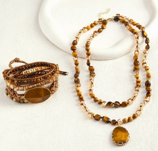 Nye 2025 Bohemian Tigerøye Design Smykkesett, Triple Row Kjede og BoHo Wrap armbÅnd