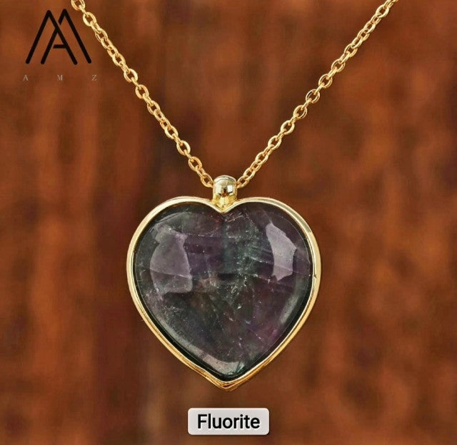 Large Rainbow Fluorite Heart 25mm Designkjede , Gold Electroplated