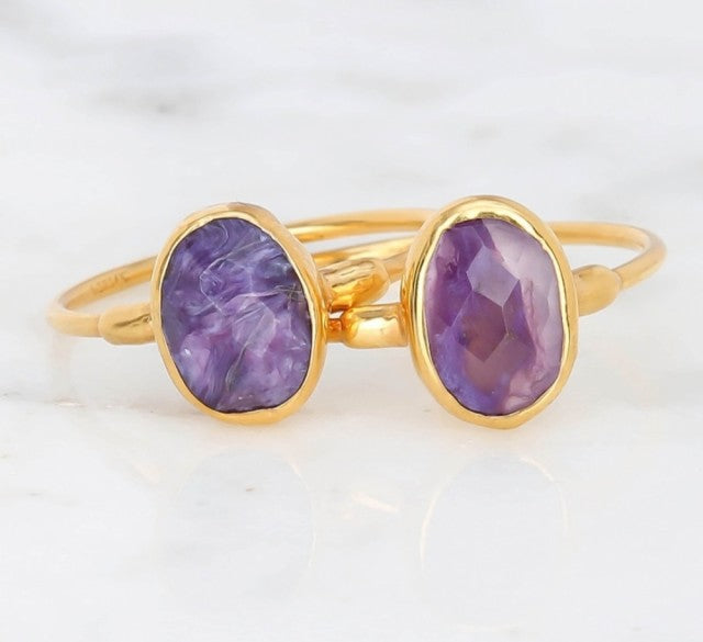 Art Deco Rose Cut Oval 8x6mm natural Charoite Stone Ring • 24 K Goldplated
