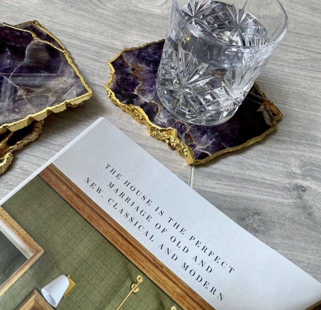 Ametyst Coaster skiver med gullbelagte kant, 10mm tykk kant, stk. pris