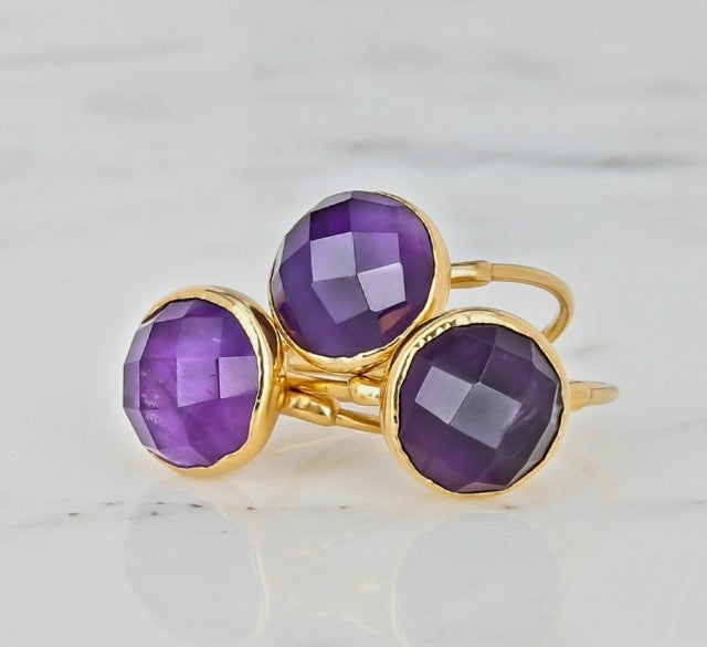 Art Deco Rose Cut 10mm Ametyst Stone Ring • 24 K Goldplated
