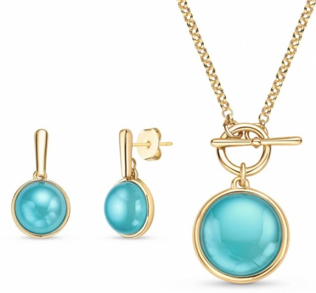 New 2025 Brazil Gem Round Sky Blue Agate ( Pearlized ) Quartz Cabochon Øredobber, 18K/Gold Electroplated