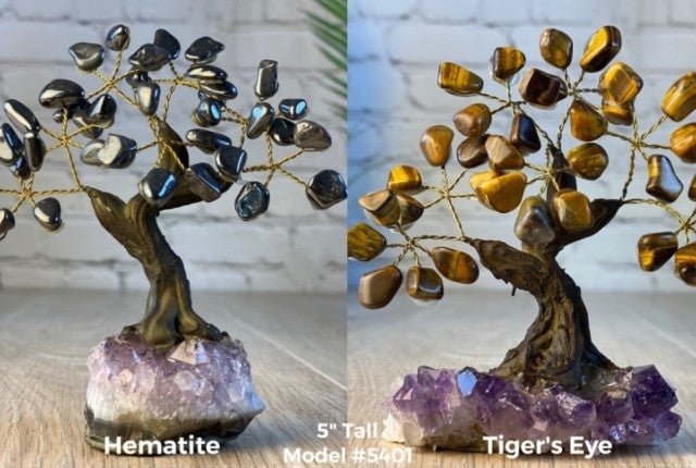 Vakre og eksklusive Feng Shui - Bonsai Lykketrær m/ ekte krystaller og Ametyst Clusterfot, ca. 12cm høy, Hematitt eller