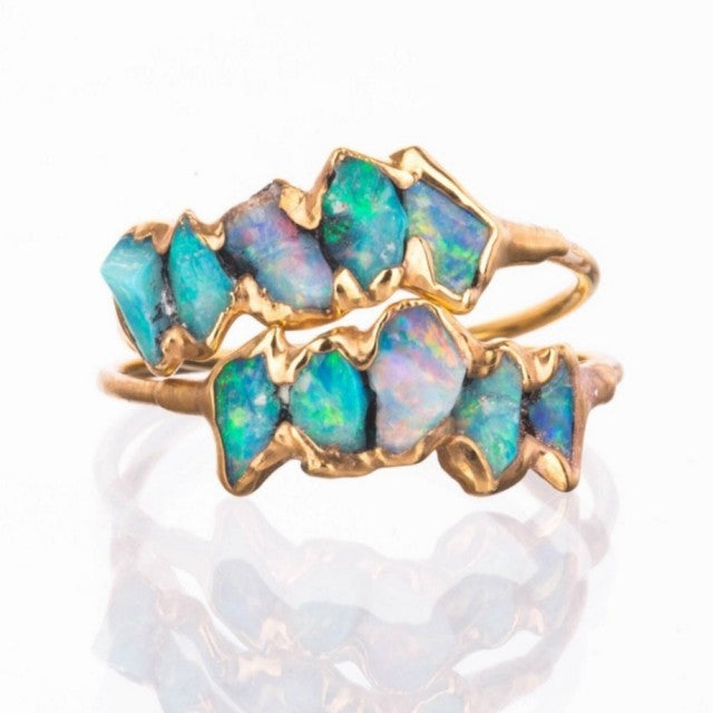 Ny, hÅndlaget og eksklusive rustik Art Deco Ring med 5 Stone Australian Fire Opal, gull, rosegull, sølv